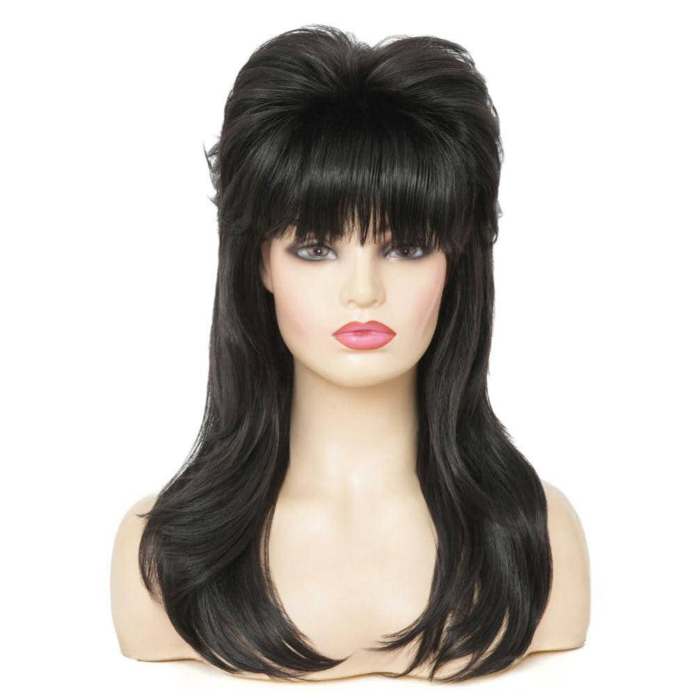 imageBlack 80s Long Wig for Women Mullet Wigs Layered Funny Wig with Bangs Natural fluffy Synthetic Wigs for Halloween Daily Party UseBlack