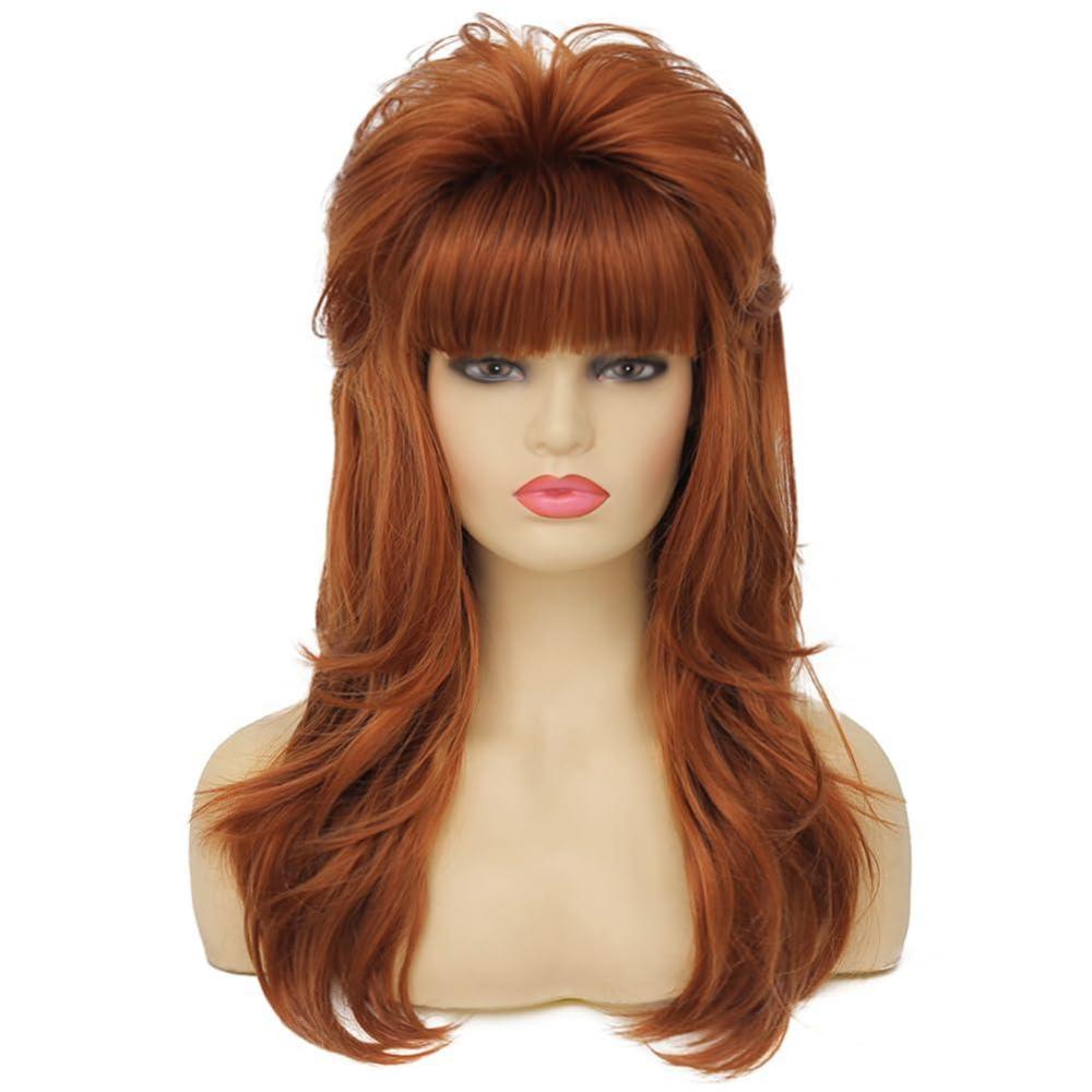imageBlack 80s Long Wig for Women Mullet Wigs Layered Funny Wig with Bangs Natural fluffy Synthetic Wigs for Halloween Daily Party Useginger big red