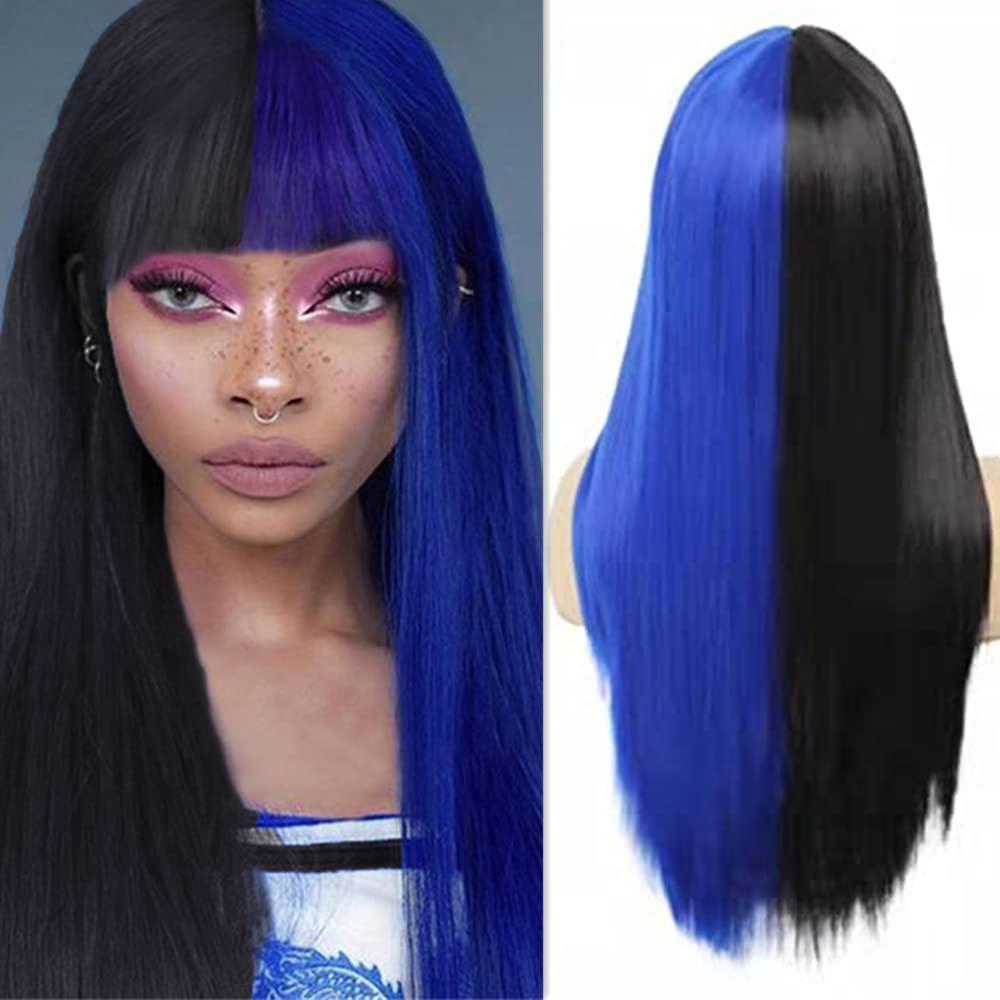 imageBlack Green Wig with Bangs Long Straight Halloween Cosplay Wigs for Women Synthetic Heat Resistang Black greenBlack blue