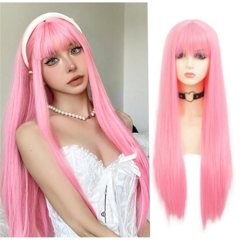 imageBlack Green Wig with Bangs Long Straight Halloween Cosplay Wigs for Women Synthetic Heat Resistang Black greenStraight Pink