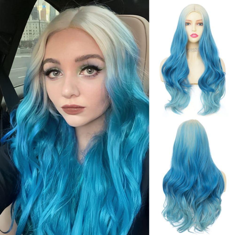 imageBlonde Blue Long Curly Wigs for Women 26 Inch Wavy Synthetic Middle Part Colourful Hair Wigs for Halloween Cosplay UseBlonde Blue