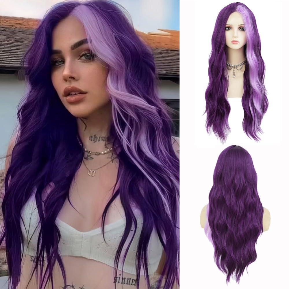 imageBlonde Blue Long Curly Wigs for Women 26 Inch Wavy Synthetic Middle Part Colourful Hair Wigs for Halloween Cosplay UseLace Purple
