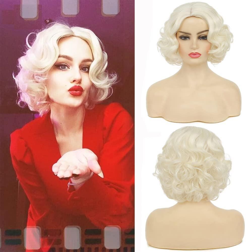 imageBlonde Curly Short Finger Wave Wigs for Lady with Bangs Synthetic Hair Natural Cosplay Halloween Costume Women WigsBlonde