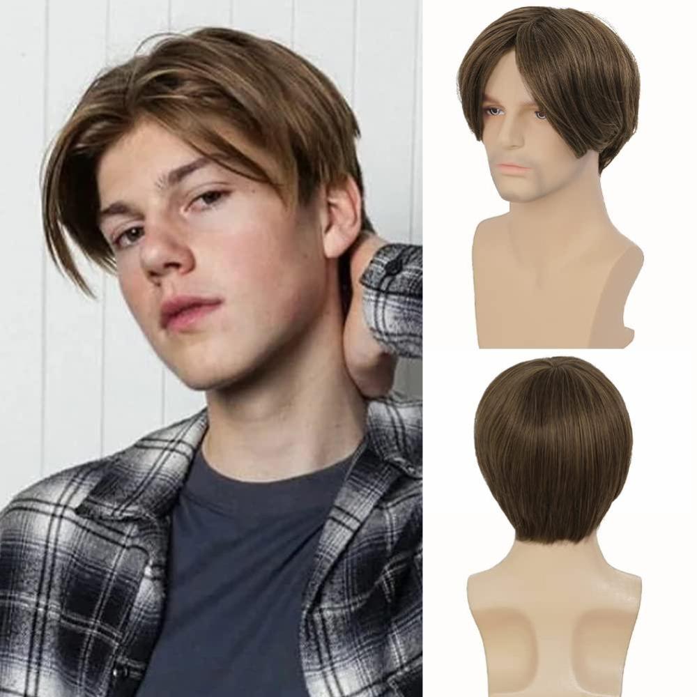 imageBlonde Mix Black Men Wigs Short Layered Wig for Male Guy Halloween Cosplay Party Costume Hair Synthetic Fiber WigBrown