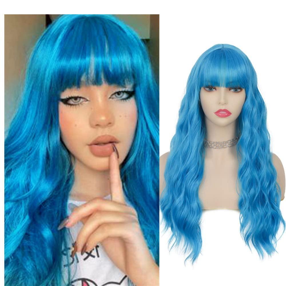 imageBlue Curly Wig with Bangs Long Women Wigs Wavy Blue Heat Resistant Synthetic Wigs for Women Daily Party Cosplay Halloween UseDark BlueBlue