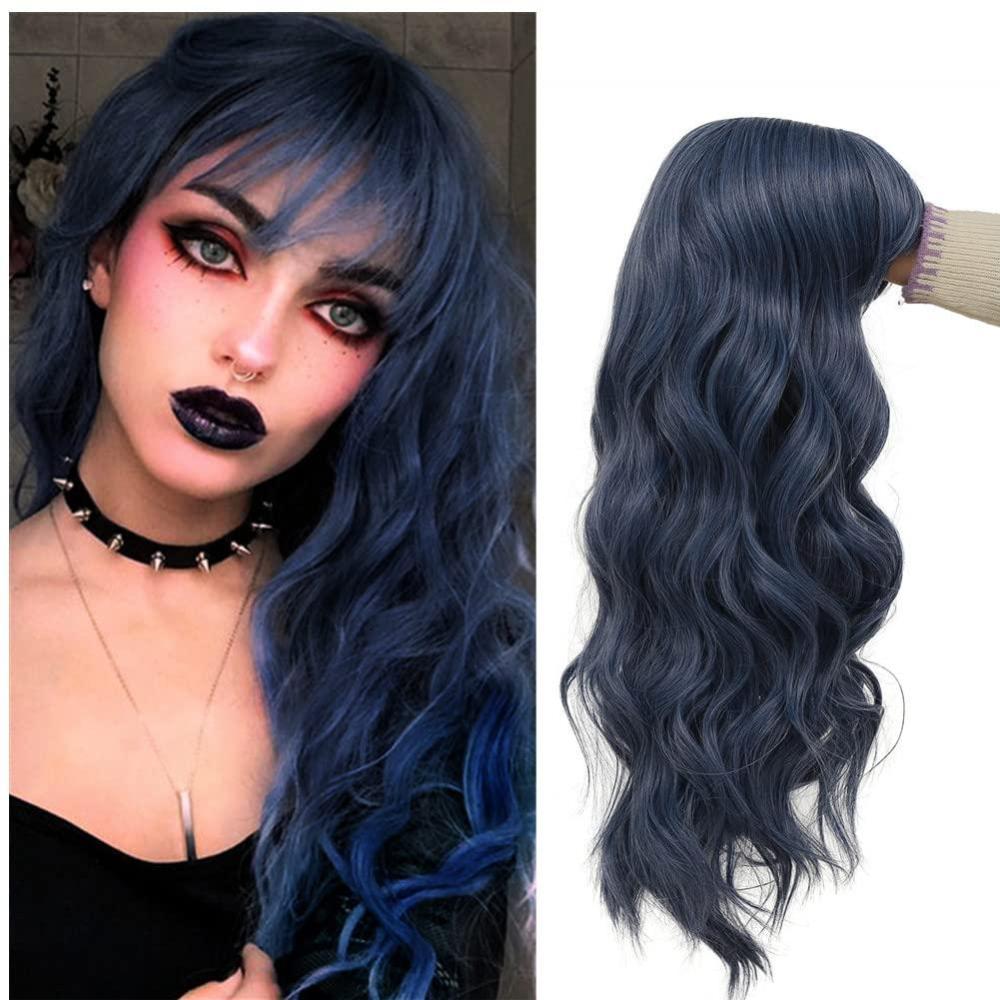 imageBlue Curly Wig with Bangs Long Women Wigs Wavy Blue Heat Resistant Synthetic Wigs for Women Daily Party Cosplay Halloween UseDark BlueNavy