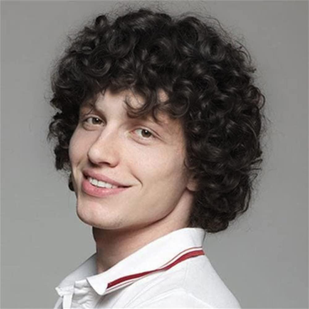 imageBrown Curly Short Afro Wig for Male Guy California Mens Cosplay Costume Daily Hair Synthetic Halloween Mens Full WigsBlack