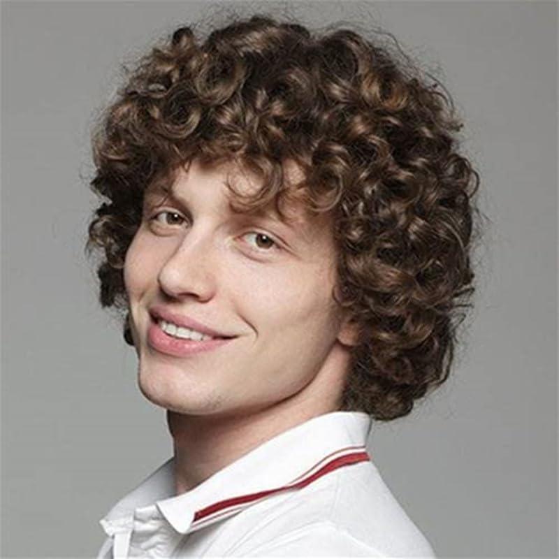 imageBrown Curly Short Afro Wig for Male Guy California Mens Cosplay Costume Daily Hair Synthetic Halloween Mens Full WigsBrown