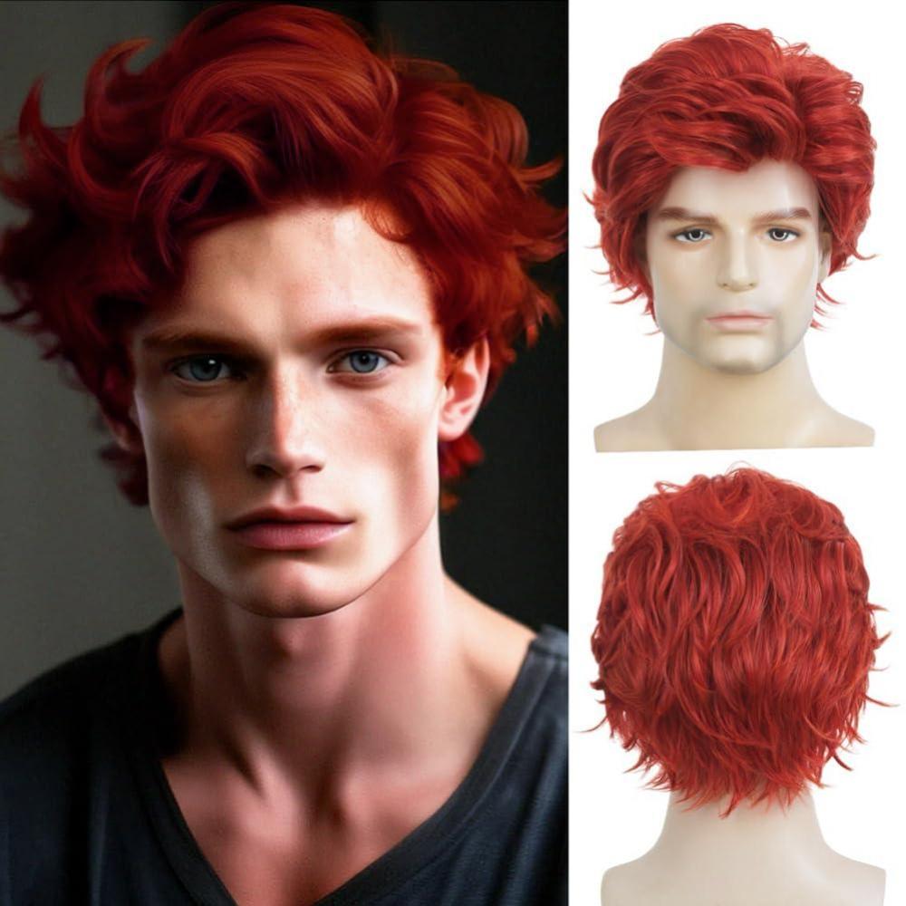 imageBrown Men Wigs Short Layered Straight Middle Part Fluffy Hair for Male Guy Synthetic Daily Cosplay Wigs with CapBrownRed