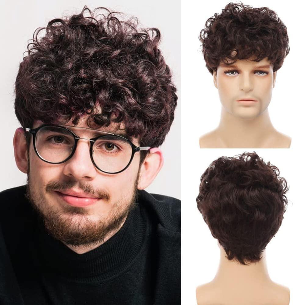 imageCurly Black Short Mens Wig Afro Fluffy Synthetic Cosplay Halloween Hair Wigs for Men Costume Use BlackBrown