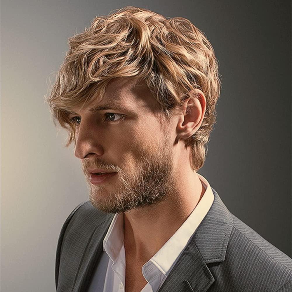imageCurly Blonde Short Wigs for Men Fluffy Natural Layered Synthetic Blonde Wig Halloween Cosplay Hair Wig for Male Guy BlondeBlonde