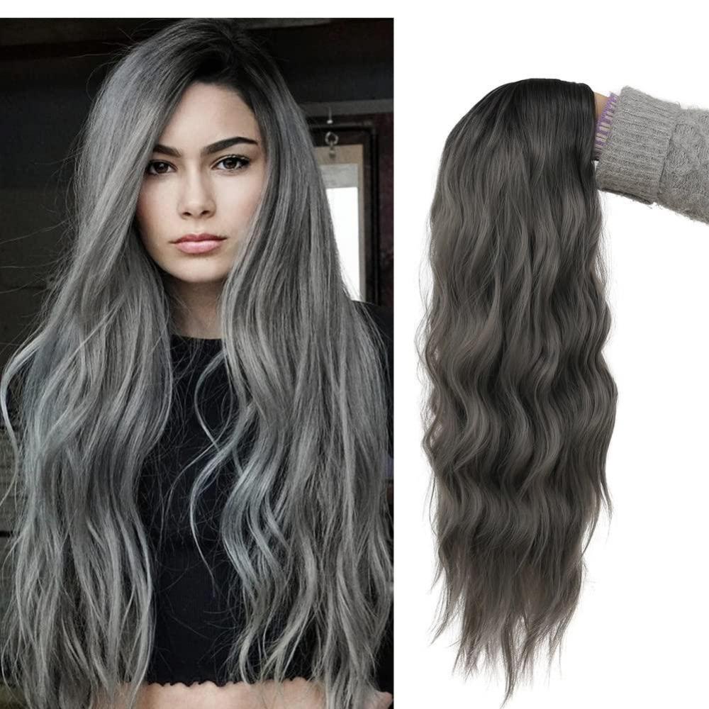 imageLong Black Curly Wavy Wigs for Women Side Part Natural Looking Synthetic Hair Wig Cosplay Halloween Costume WigsOmbre Grey