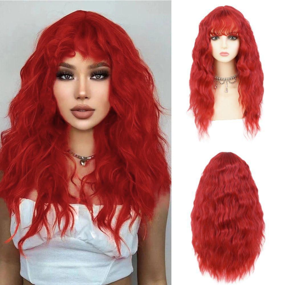 imageLong Red Curly Wavy Wigs with Bangs Natural Looking Wig Heat Resistantant Cosplay Halloween Hair WigsCurly Red