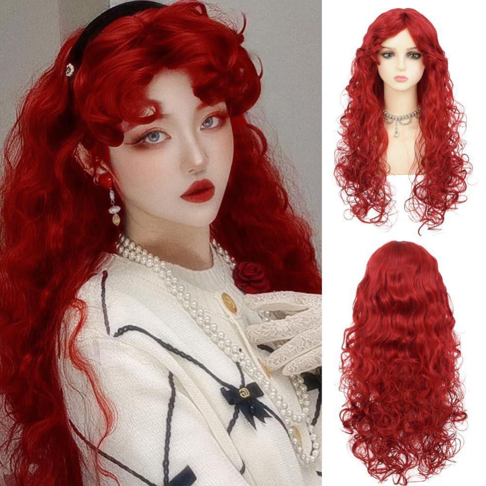 imageLong Red Curly Wavy Wigs with Bangs Natural Looking Wig Heat Resistantant Cosplay Halloween Hair WigsLong Red
