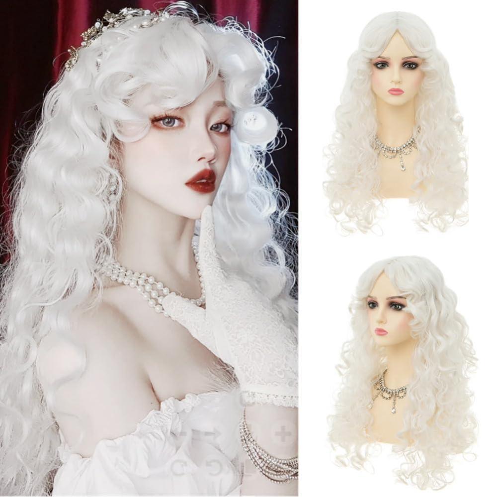 imageLong Red Curly Wavy Wigs with Bangs Natural Looking Wig Heat Resistantant Cosplay Halloween Hair Wigslight White