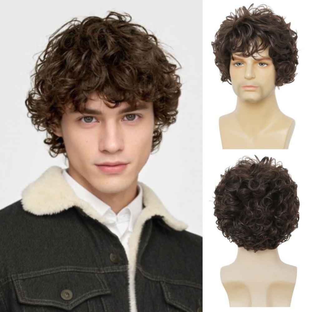imageMens Brown Short Curly Wig Synthetic Heat Resistant Hair Wigs for Male Cosplay Halloween Daily Guy