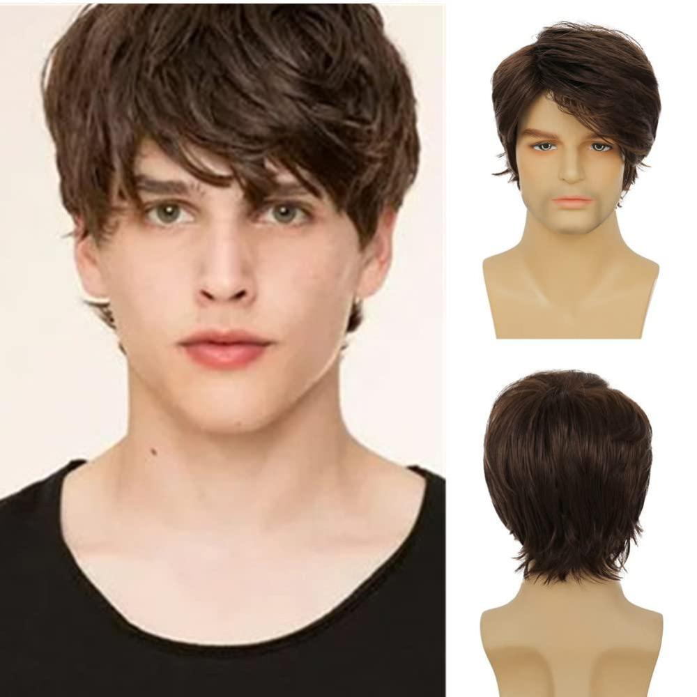 imageMens Brown Short Wig Soft Layered Fluffy Natural Looking Synthetic Halloween Cosplay Daily Party Wigsbrown