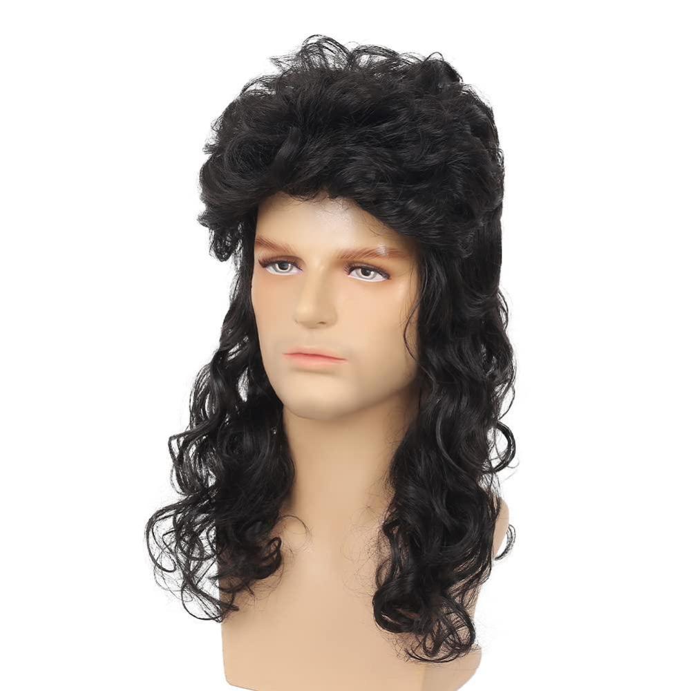 imageMens White Long Curly Wig 70s 80s Rocker Wig with Bangs Synthetic Heat Resistant Halloween Cosplay Costume WigBlack