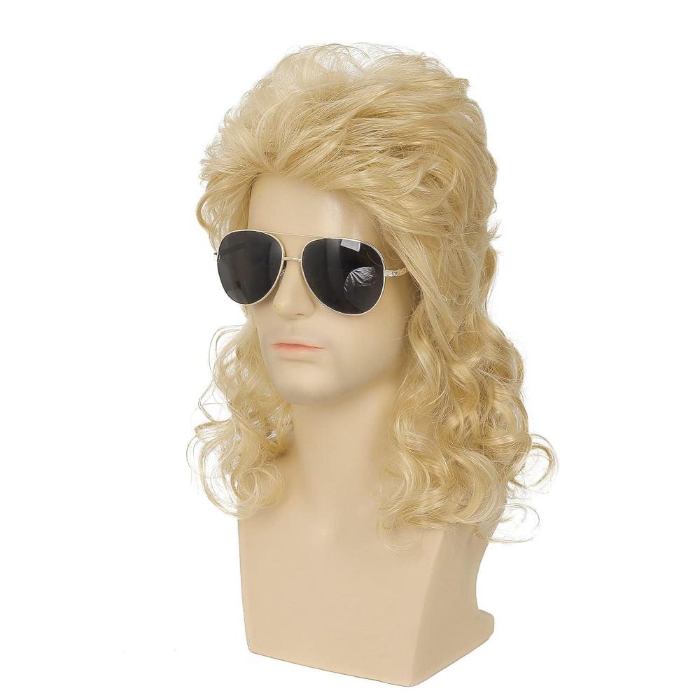 imageMens White Long Curly Wig 70s 80s Rocker Wig with Bangs Synthetic Heat Resistant Halloween Cosplay Costume WigBlonde