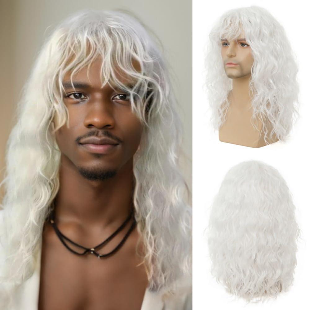 imageMens White Long Curly Wig 70s 80s Rocker Wig with Bangs Synthetic Heat Resistant Halloween Cosplay Costume WigWhite