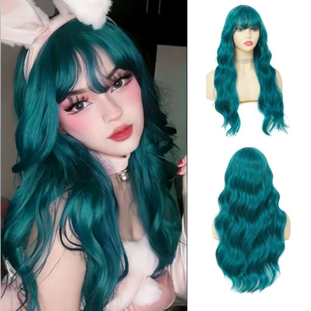 imageNeon Green Long Straight Wigs for Women with Side Bangs Natural Halloween Party Hair Heat Resistant Synthetic Wig for CosplayLight GreenBangs Blue