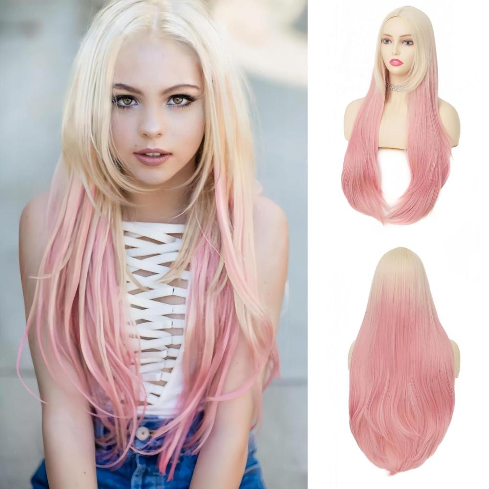 imageNeon Green Long Straight Wigs for Women with Side Bangs Natural Halloween Party Hair Heat Resistant Synthetic Wig for CosplayLight GreenBlonde Pink