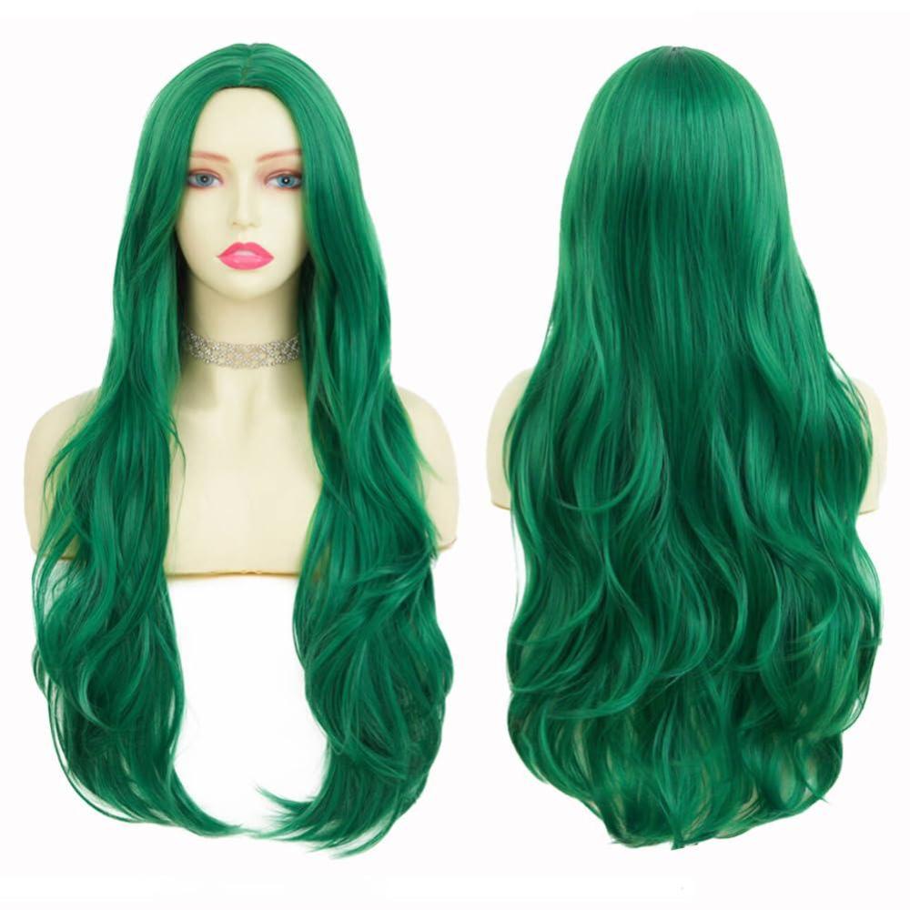 imageNeon Green Long Straight Wigs for Women with Side Bangs Natural Halloween Party Hair Heat Resistant Synthetic Wig for CosplayLight GreenCurly Green