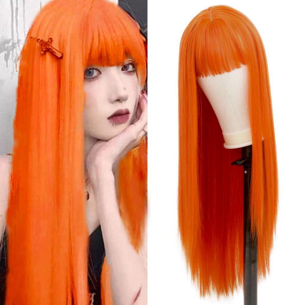 imageNeon Green Long Straight Wigs for Women with Side Bangs Natural Halloween Party Hair Heat Resistant Synthetic Wig for CosplayLight GreenOrange