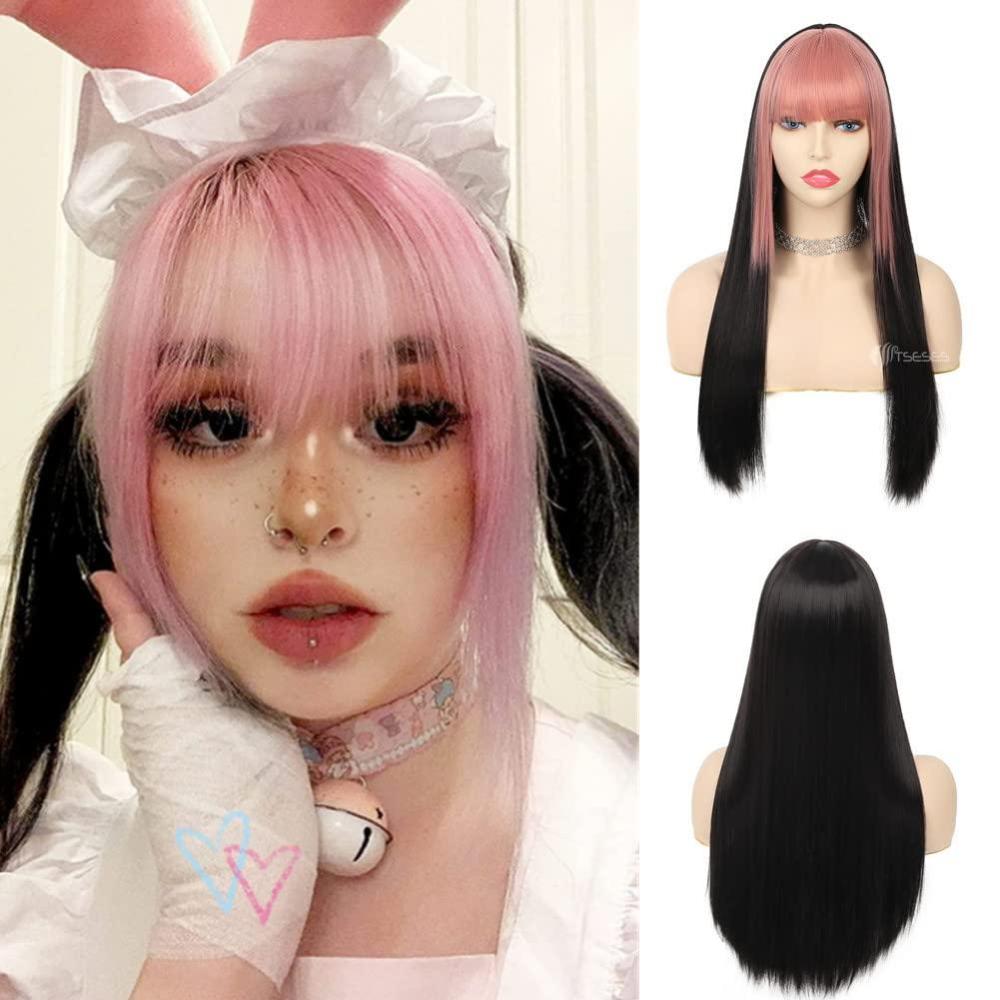 imageNeon Green Long Straight Wigs for Women with Side Bangs Natural Halloween Party Hair Heat Resistant Synthetic Wig for CosplayLight GreenPink and Black