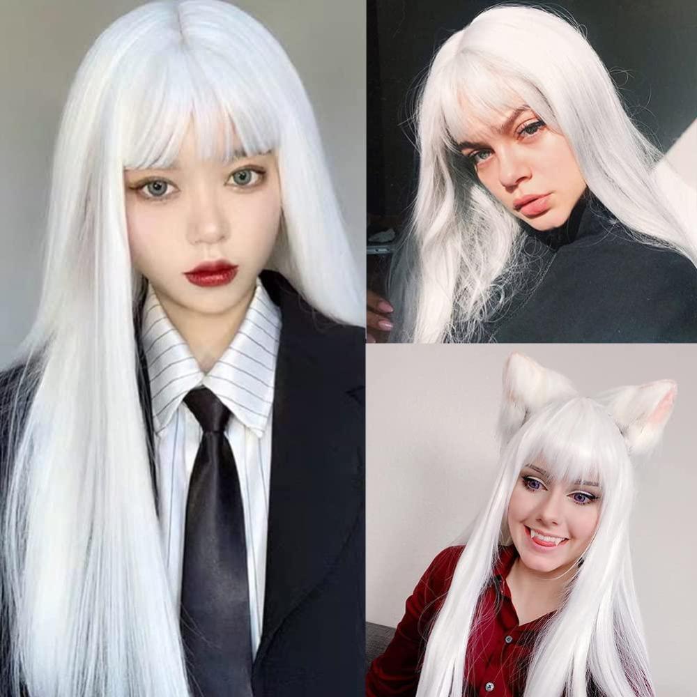 imageNeon Green Long Straight Wigs for Women with Side Bangs Natural Halloween Party Hair Heat Resistant Synthetic Wig for CosplayLight GreenWhite