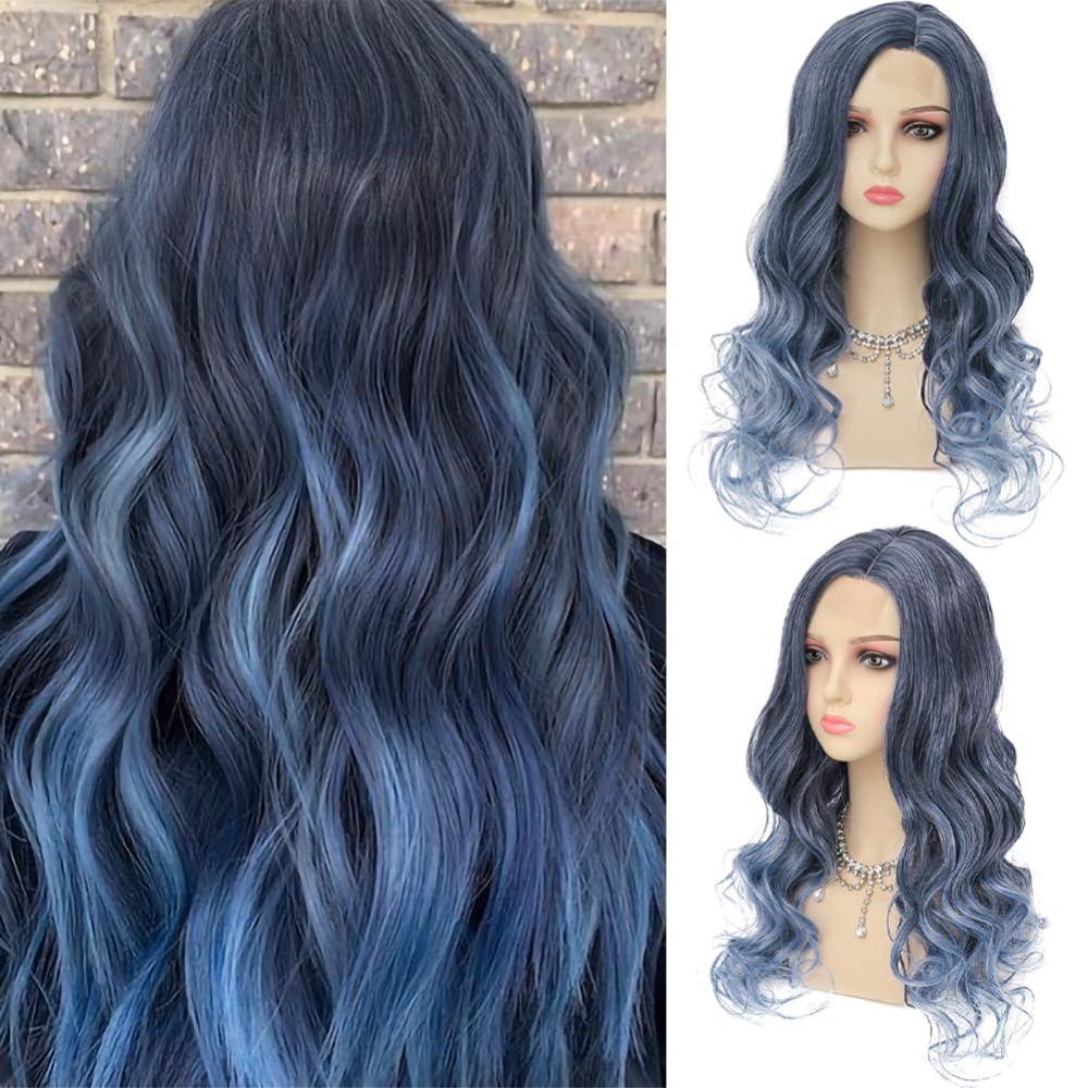 imageOmbre Blue Wigs for Women Long Curly Wave Wigs Middle Part Hair Natural Synthetic Hair Halloween Cosplay WigBlue