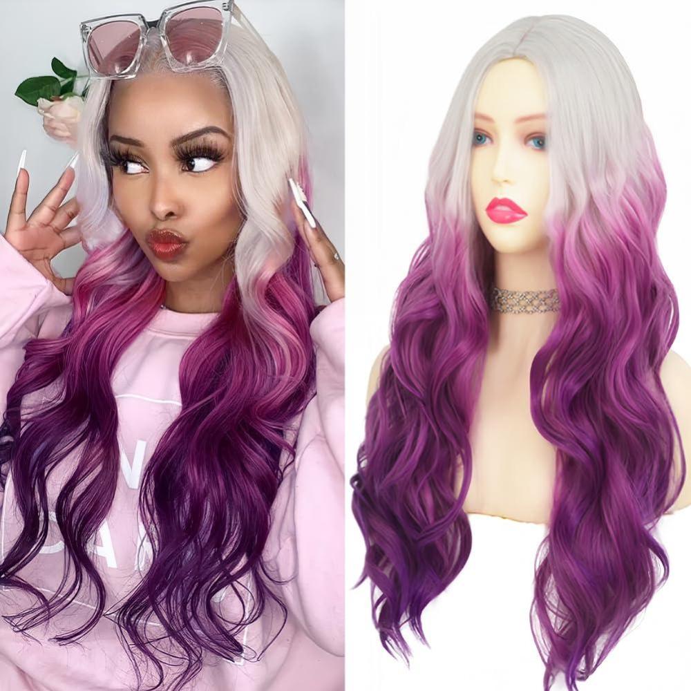 imageOmbre Purple Curly Wigs for Women Long Curly Wave Middle Part Synthetic Wig for Halloween Costume WigGrey ombre purpleCurly Purple