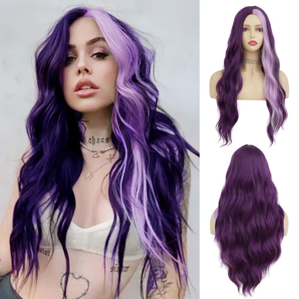 imageOmbre Purple Curly Wigs for Women Long Curly Wave Middle Part Synthetic Wig for Halloween Costume WigGrey ombre purpleDark Purple