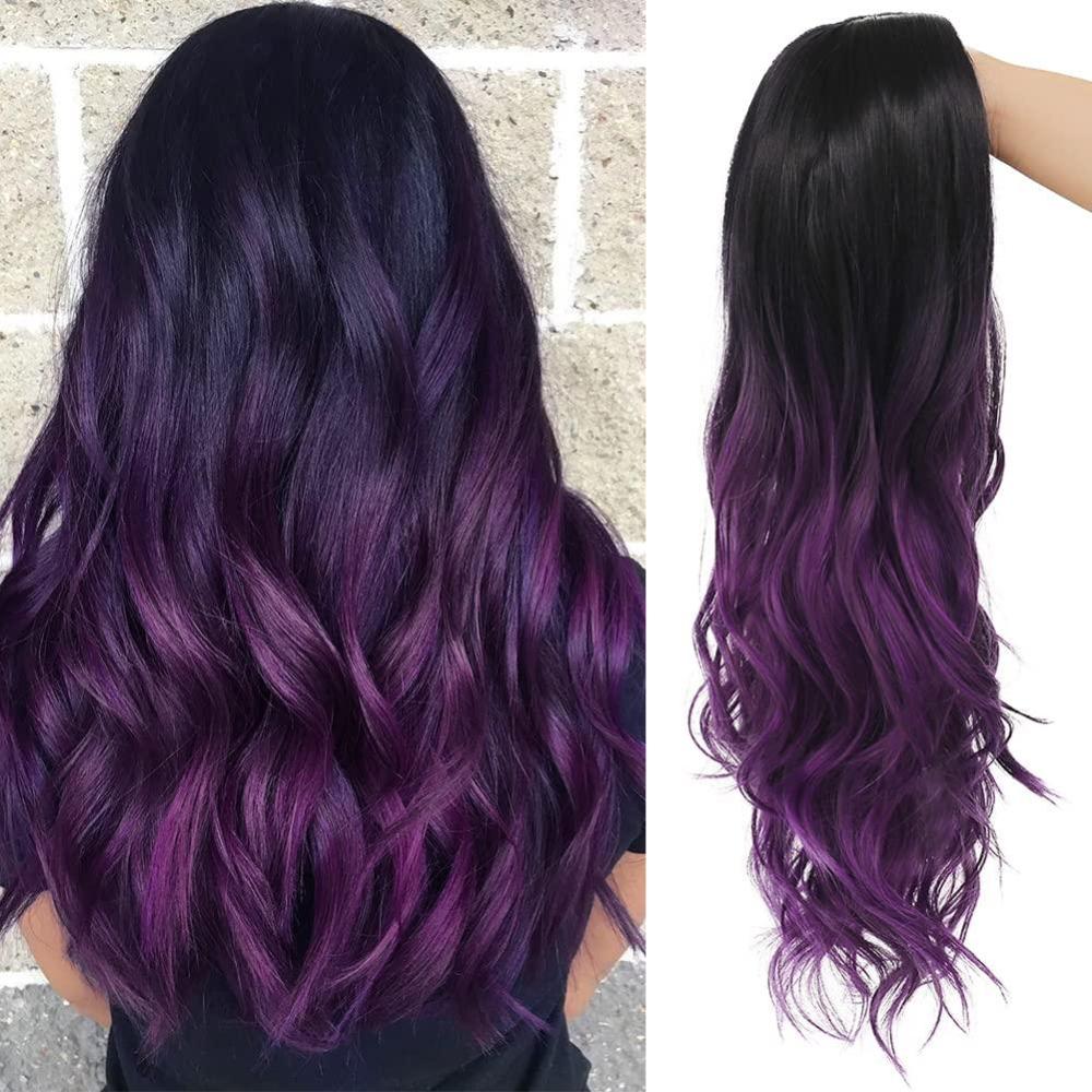 imageOmbre Purple Curly Wigs for Women Long Curly Wave Middle Part Synthetic Wig for Halloween Costume WigGrey ombre purplePurple