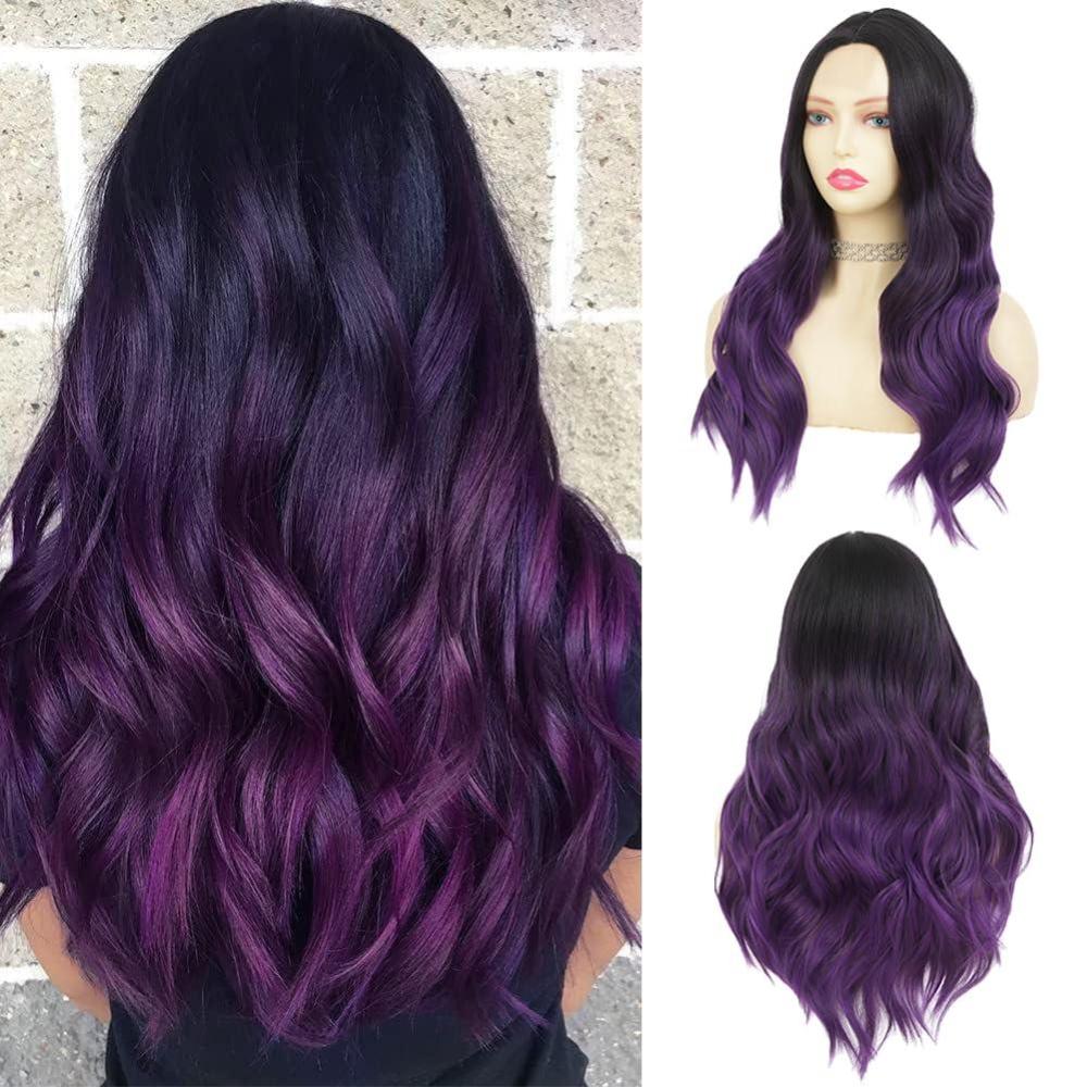 imageOmbre Purple Curly Wigs for Women Long Curly Wave Middle Part Synthetic Wig for Halloween Costume WigGrey ombre purplePurplelace front