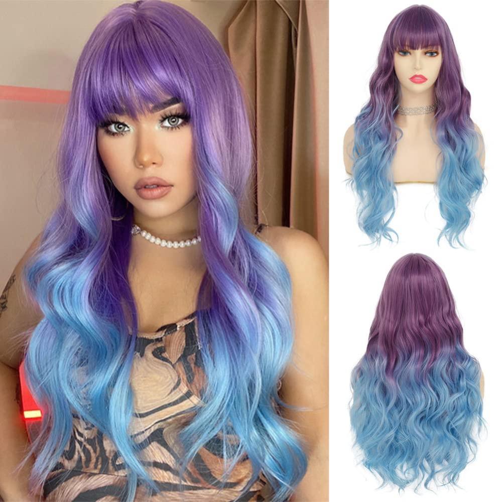 imagePurple to Blue Long Curly Wigs for Women Ombre Purple Synthetic Hair Natural Looking Wavy Wig Halloween Cosplay Hair WigPurpleBlue