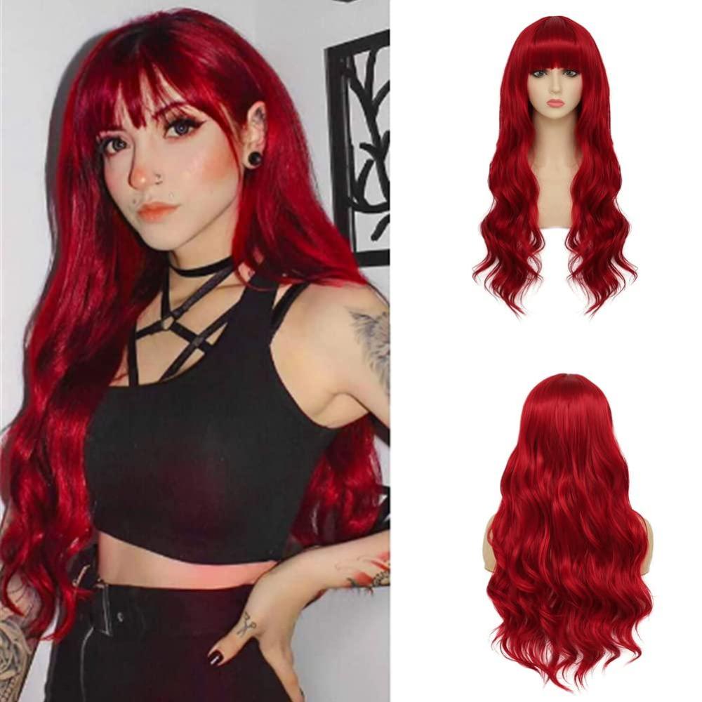 imageRed Wigs with Bangs for Women Long Curly Wavy Synthetic Women wig Cosplay Daily Party Hair Halloween Wigs