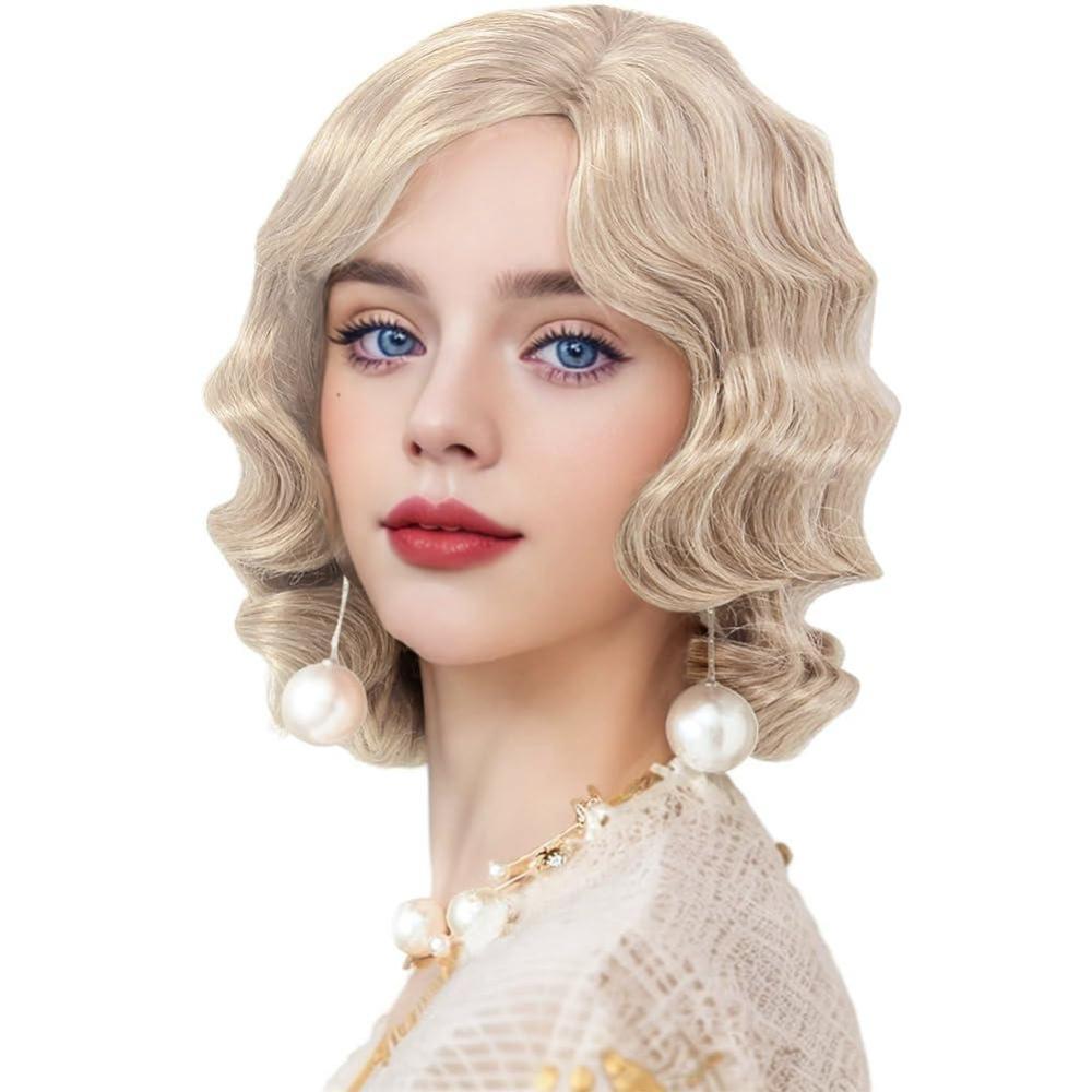 imageShort Blonde Finger Wave Wig for Women 1920s Curly Synthetic Flapper Wig Heat Resistant Side Part Vintage Halloween Cosplay Costume Hair WigsBlonde