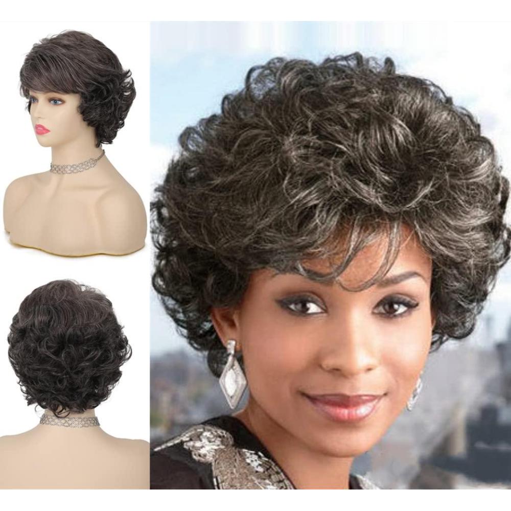 imageShort Gray Wigs for Women with Bangs Dark Roots Pixie Cut Wig Layered Synthetic Hair Wigs for Daily UseGrey