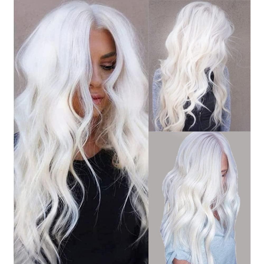 imageWhite Curly Long Wigs for Women Wavy Middle Part Natural Looking Heat Resistant Wigs Daily Use Halloween Party Hair275 inch
