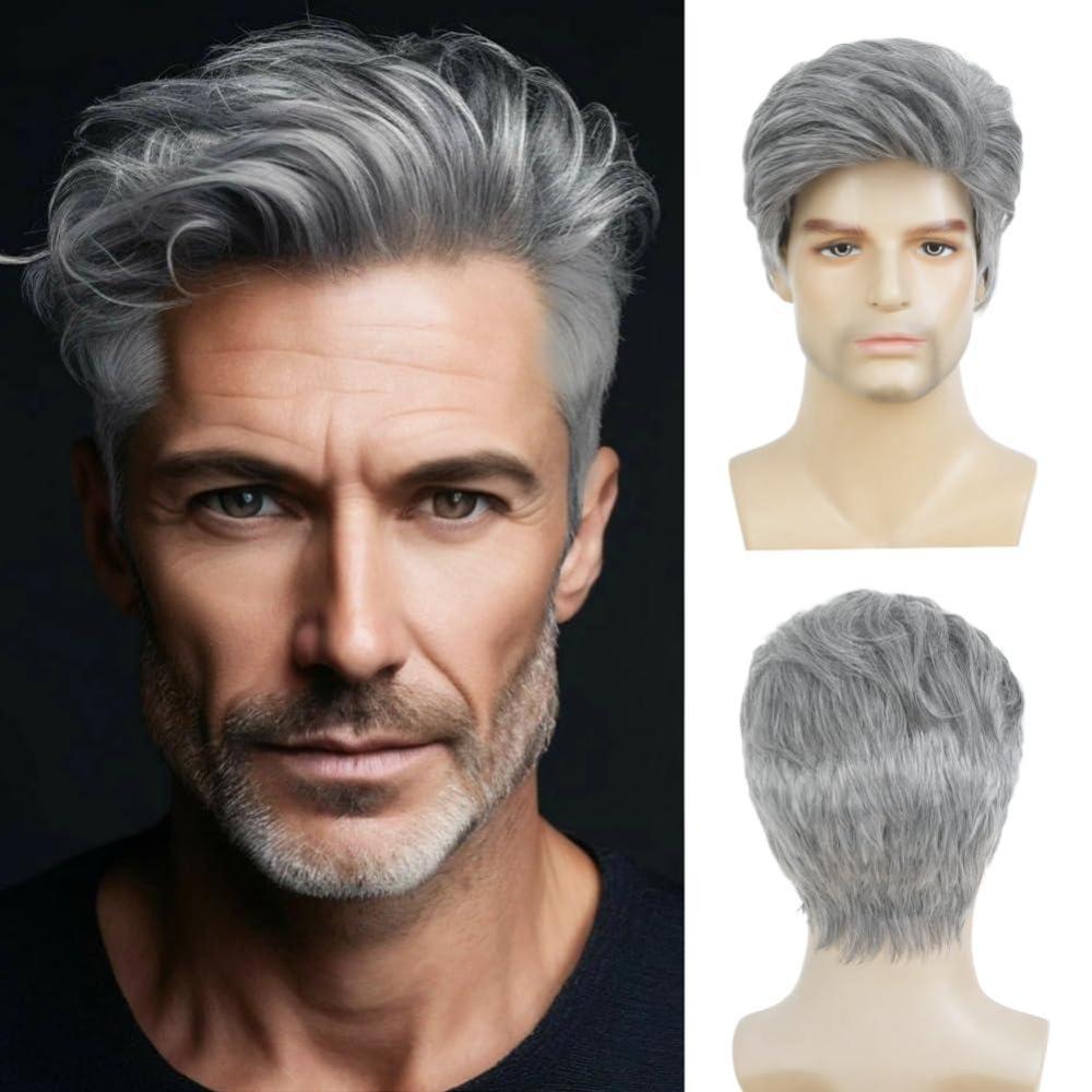 imageWhite Mens Short Wig Natural Fluffy Synthetic Hair Wig for Male Guy Daily Party Costume Wig WhiteLayered Grey