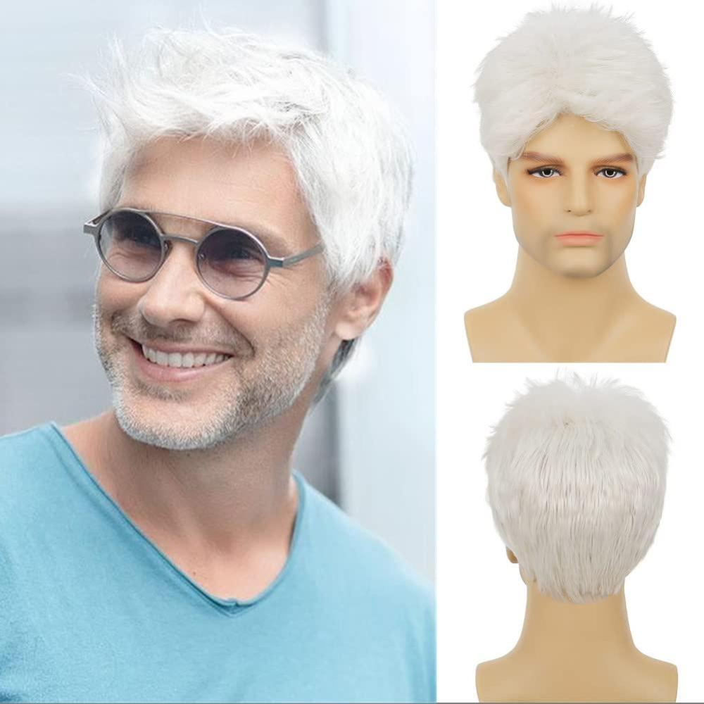 imageWhite Mens Short Wig Natural Fluffy Synthetic Hair Wig for Male Guy Daily Party Costume Wig WhiteWhite