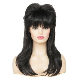 Black 80s Long Wig for Women Mullet Wigs Layered Funny Wig with Bangs Natural fluffy Synthetic Wigs for Halloween Daily Party Use(Black)
