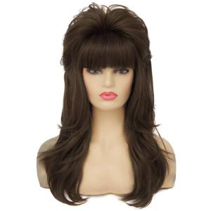 Black 80s Long Wig for Women Mullet Wigs Layered Funny Wig with Bangs Natural fluffy Synthetic Wigs for Halloween Daily Party Use(Brown)