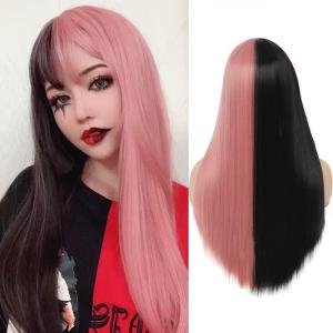 Black Green Wig with Bangs Long Straight Halloween Cosplay Wigs for Women Synthetic Heat Resistang (Black green)(Black Pink)