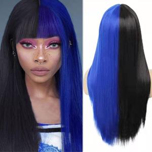 Black Green Wig with Bangs Long Straight Halloween Cosplay Wigs for Women Synthetic Heat Resistang (Black green)(Black blue)