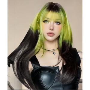 Black Green Wig with Bangs Long Straight Halloween Cosplay Wigs for Women Synthetic Heat Resistang (Black green)(Green)
