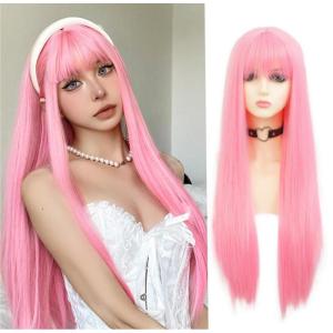Black Green Wig with Bangs Long Straight Halloween Cosplay Wigs for Women Synthetic Heat Resistang (Black green)(Straight Pink)