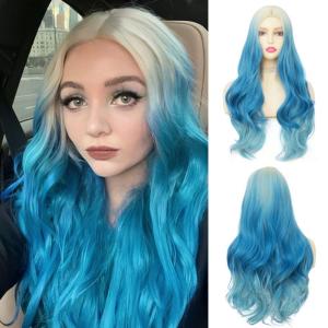Blonde Blue Long Curly Wigs for Women 26 Inch Wavy Synthetic Middle Part Colourful Hair Wigs for Halloween Cosplay Use(Blonde Blue)