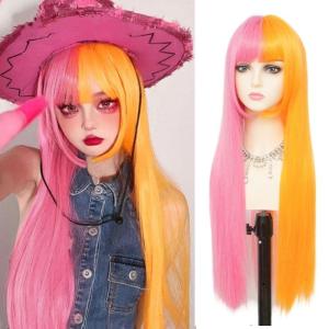 Blonde Blue Long Curly Wigs for Women 26 Inch Wavy Synthetic Middle Part Colourful Hair Wigs for Halloween Cosplay Use(Orange Pink)